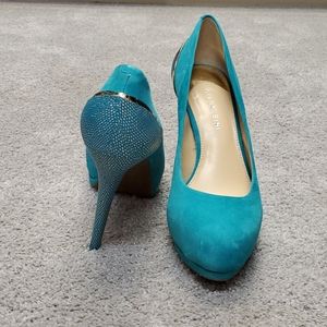 Aqua faux-suade and gold mermaid heels